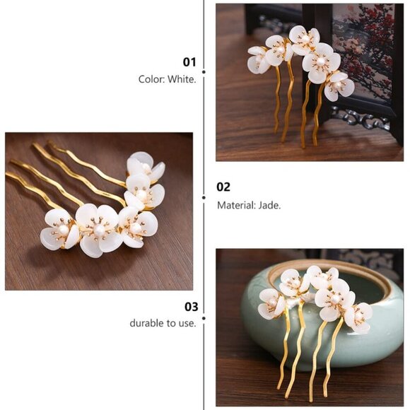 3 Pcs Jade Flower Hair Comb Hair Stick Chinese Retro Chignon Pin Accessories